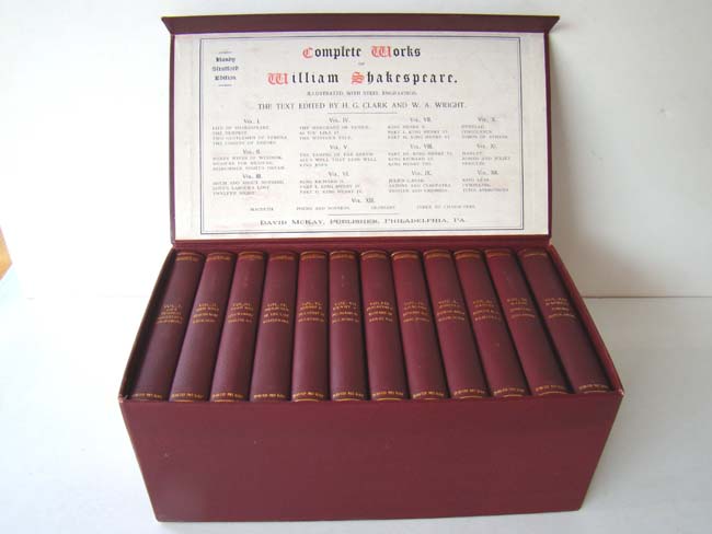 The Complete Works of William Shakespeare in 13 volumes published by David McKay of Philadelphia circa 1900.